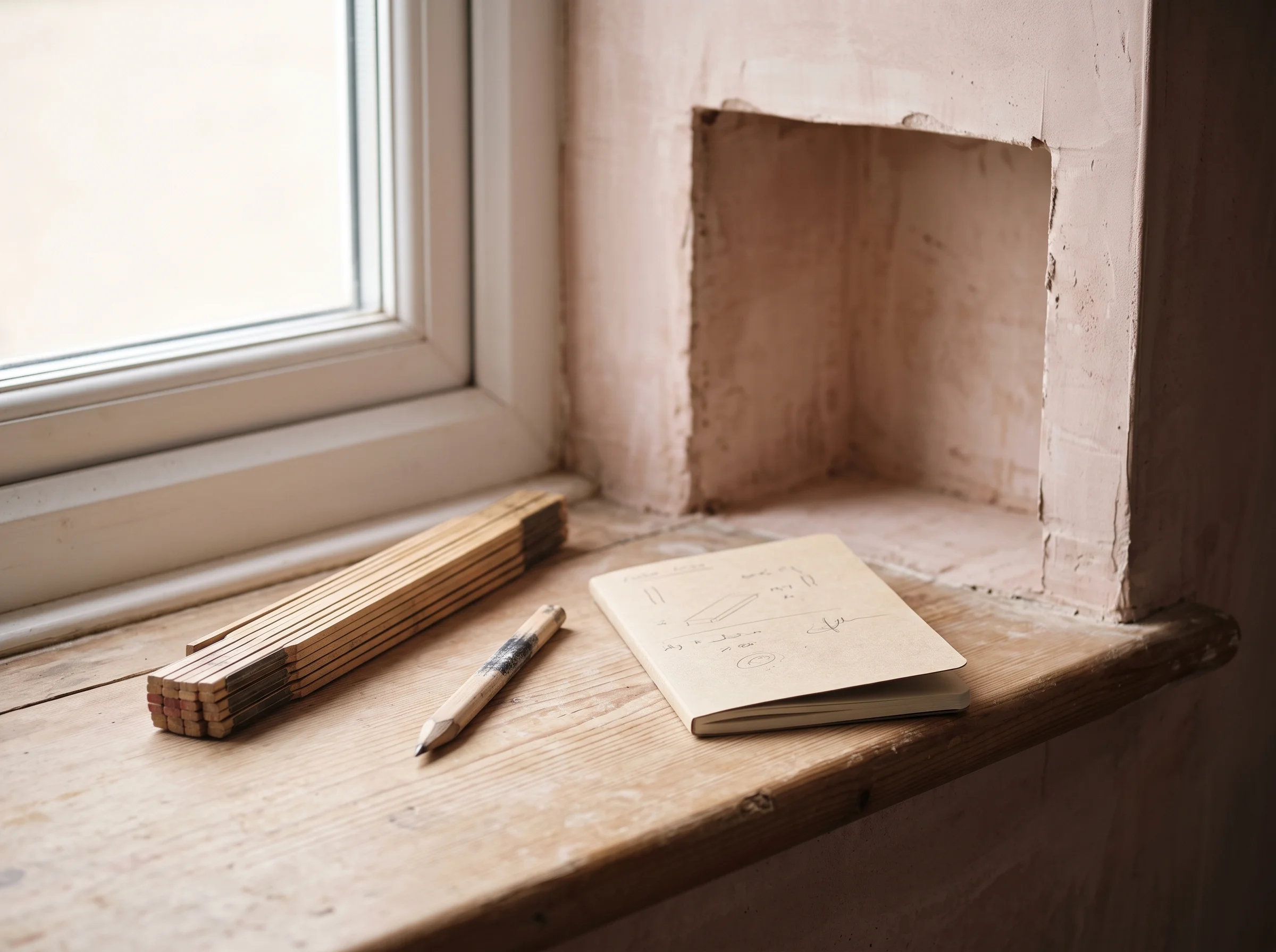 Folding rule, sharpened pencil and notebook laid on a windowsill, a bare alcove behind