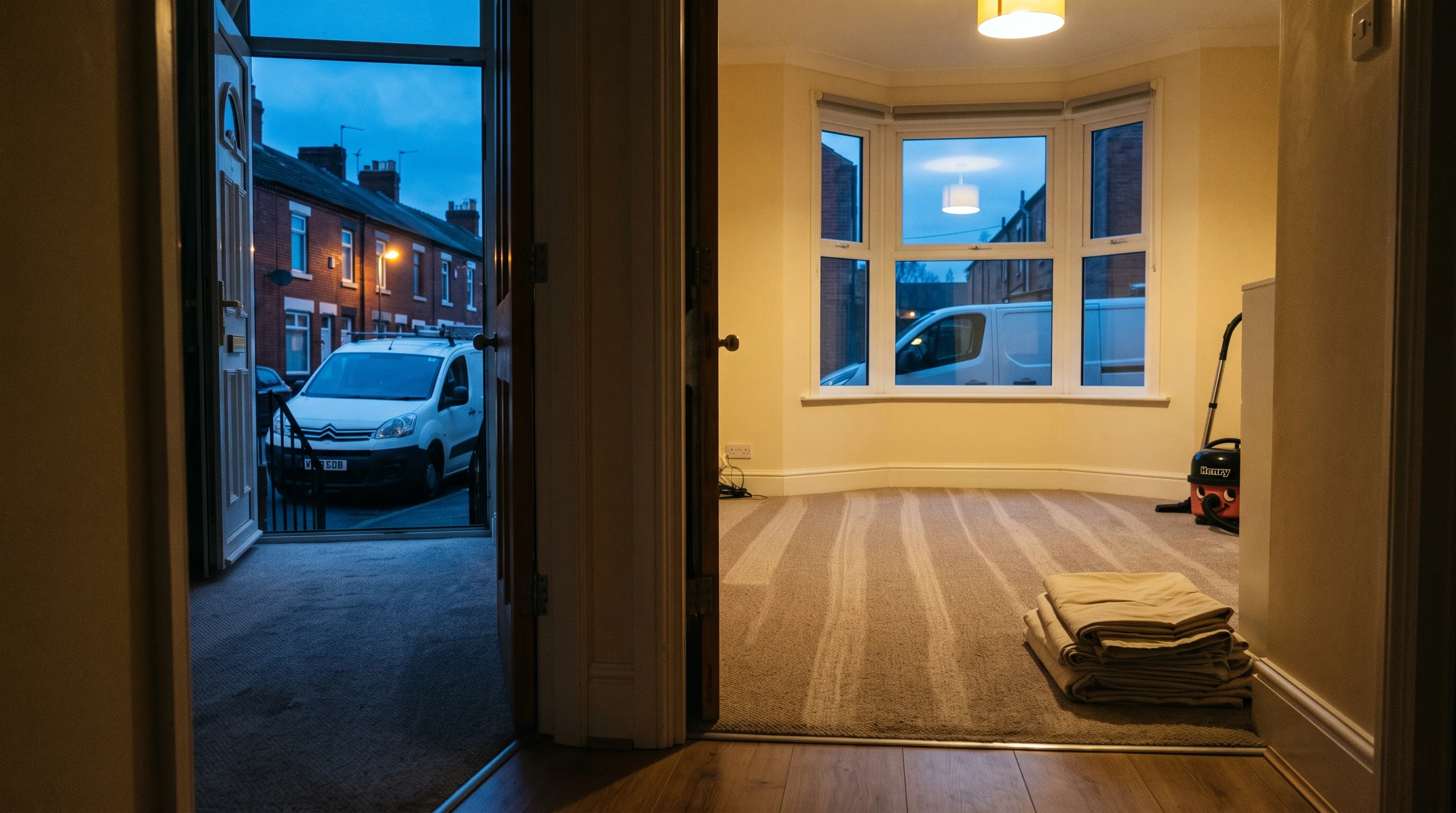 A hoovered living-room floor with folded dust sheets, the van parked outside on a terraced street at dusk