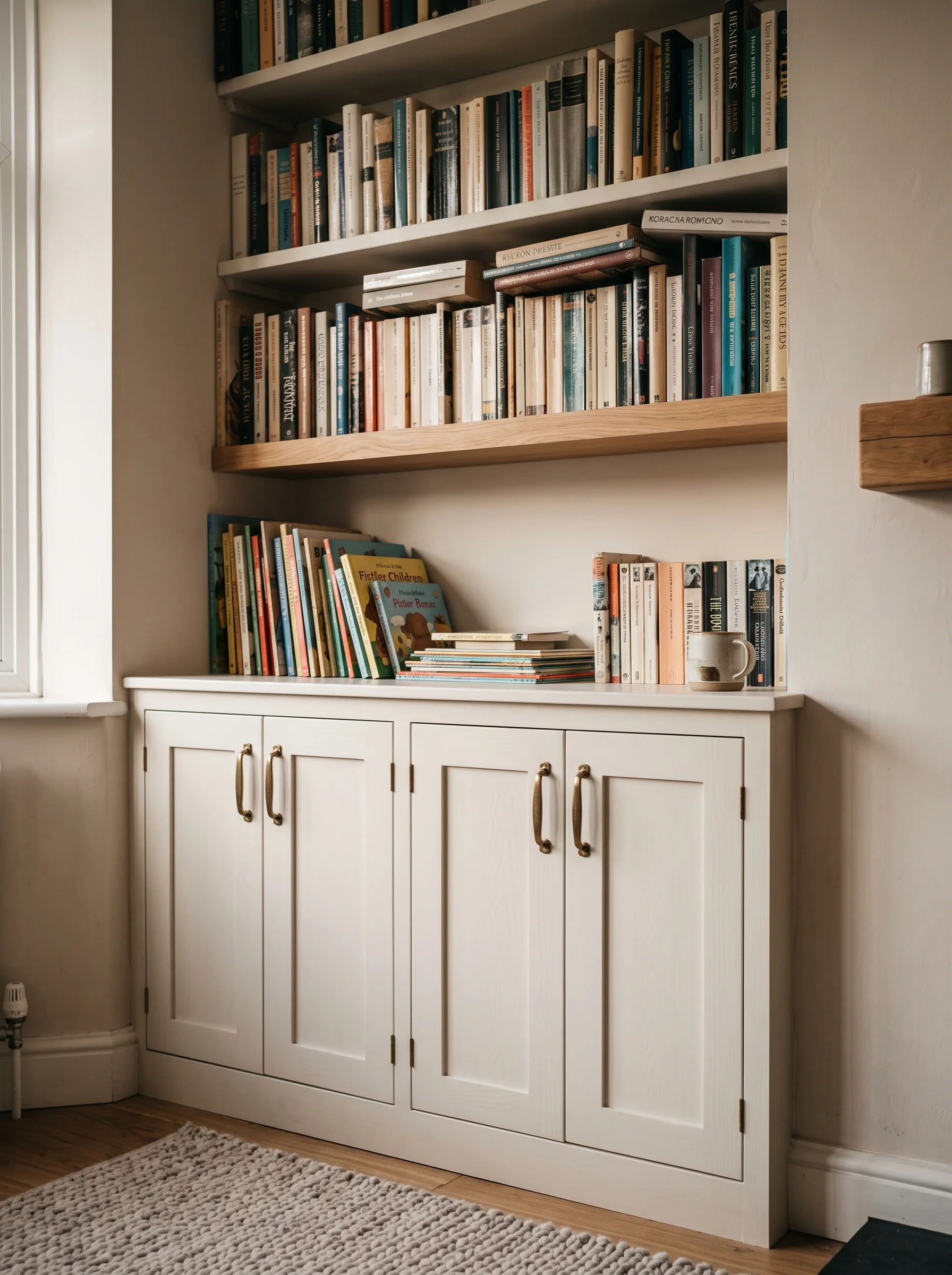 Painted alcove cupboards with brass pulls, the shelves above already full of books