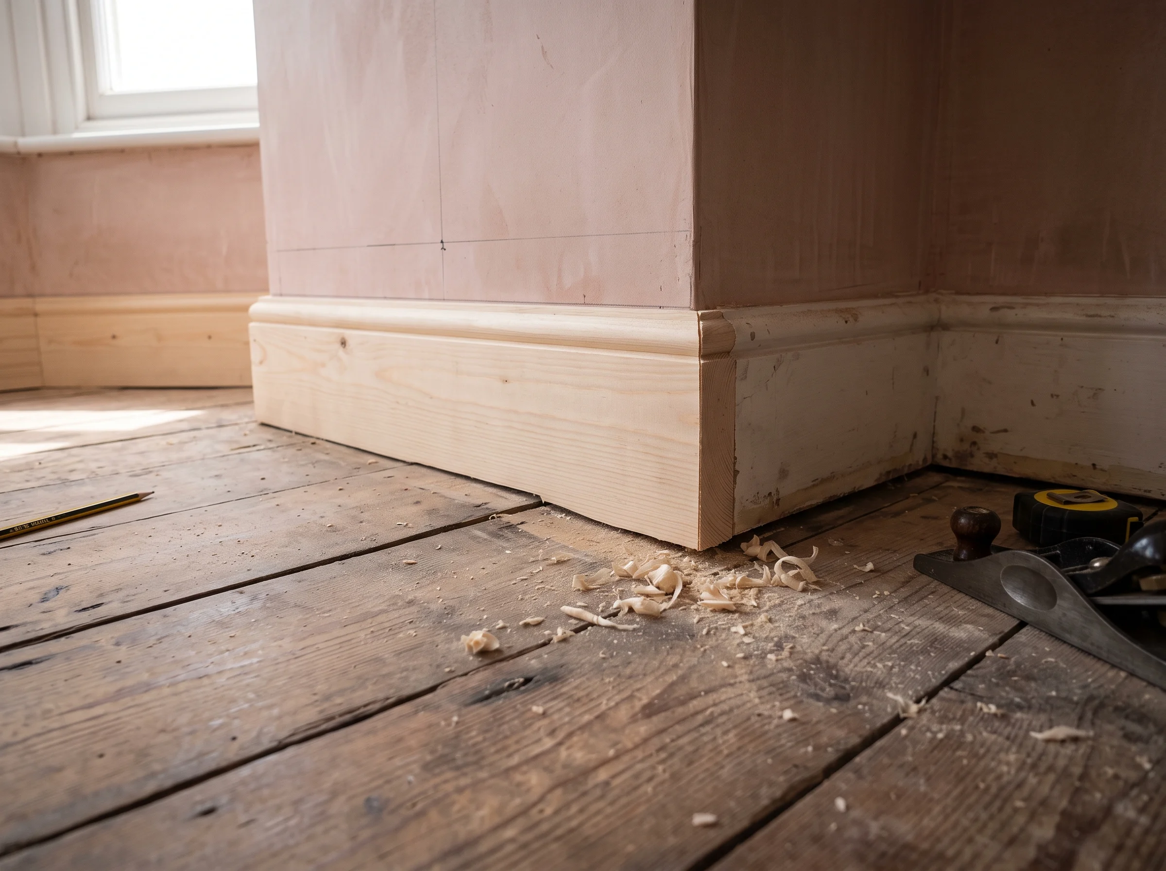New skirting scribed tight to uneven floorboards where it meets the alcove unit plinth