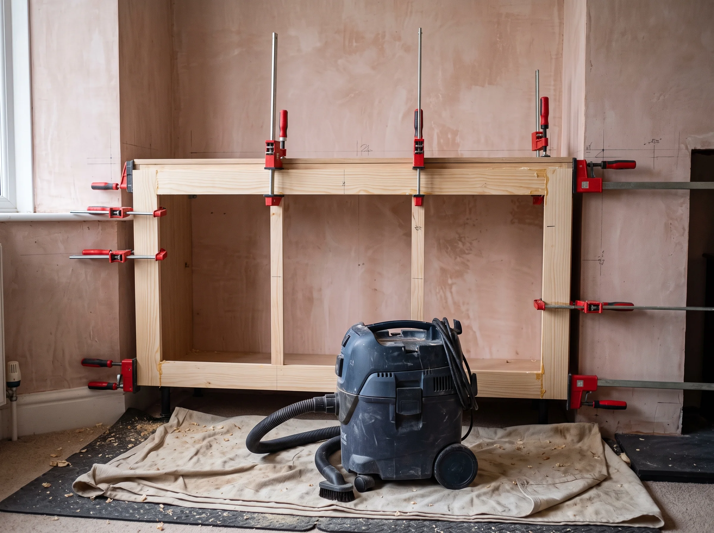 Alcove face frame held by sash clamps while the glue sets, hoover standing ready on the dust sheet