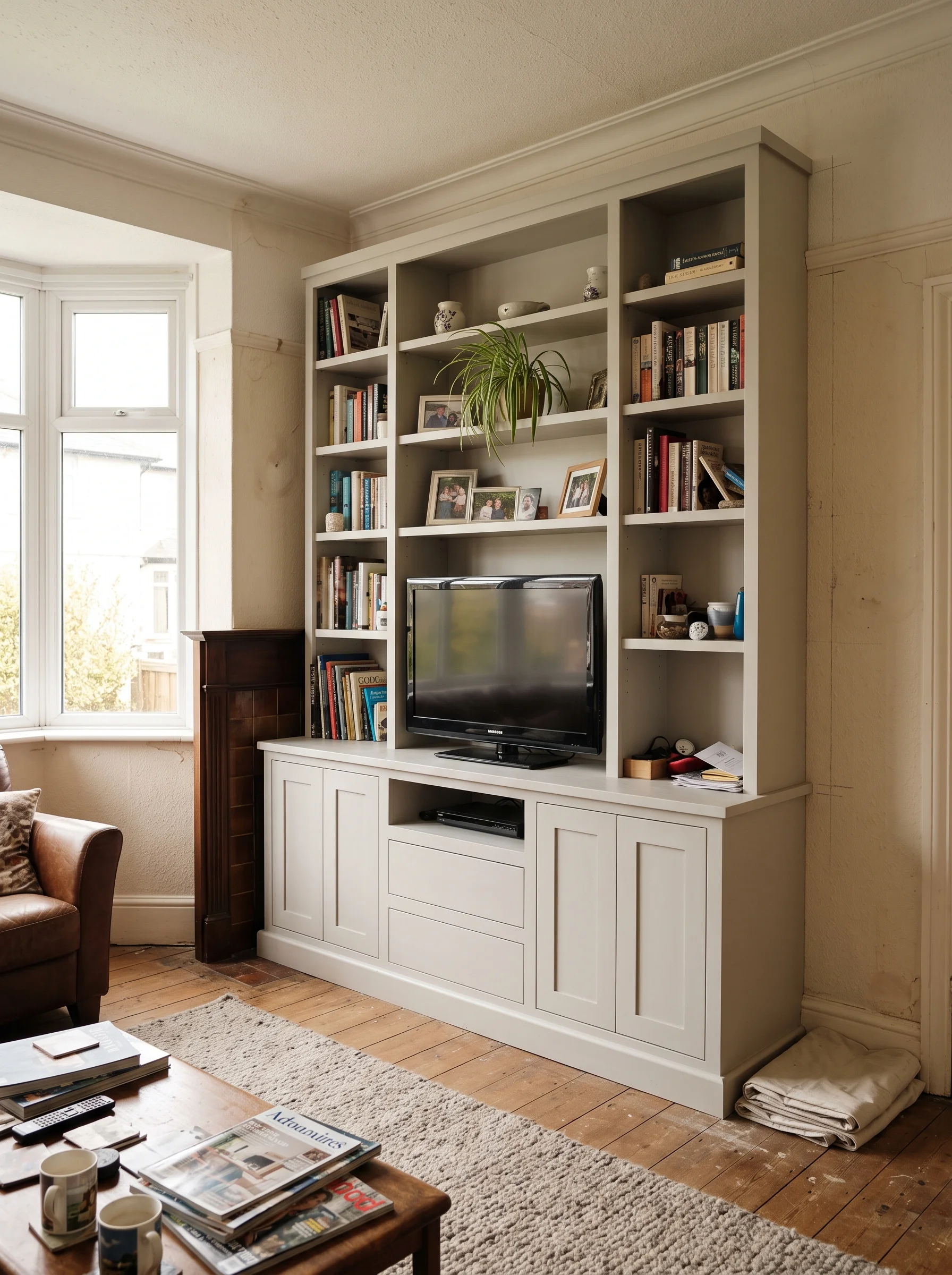 Fitted alcove media unit with cupboards below and shelves above in a 1930s semi
