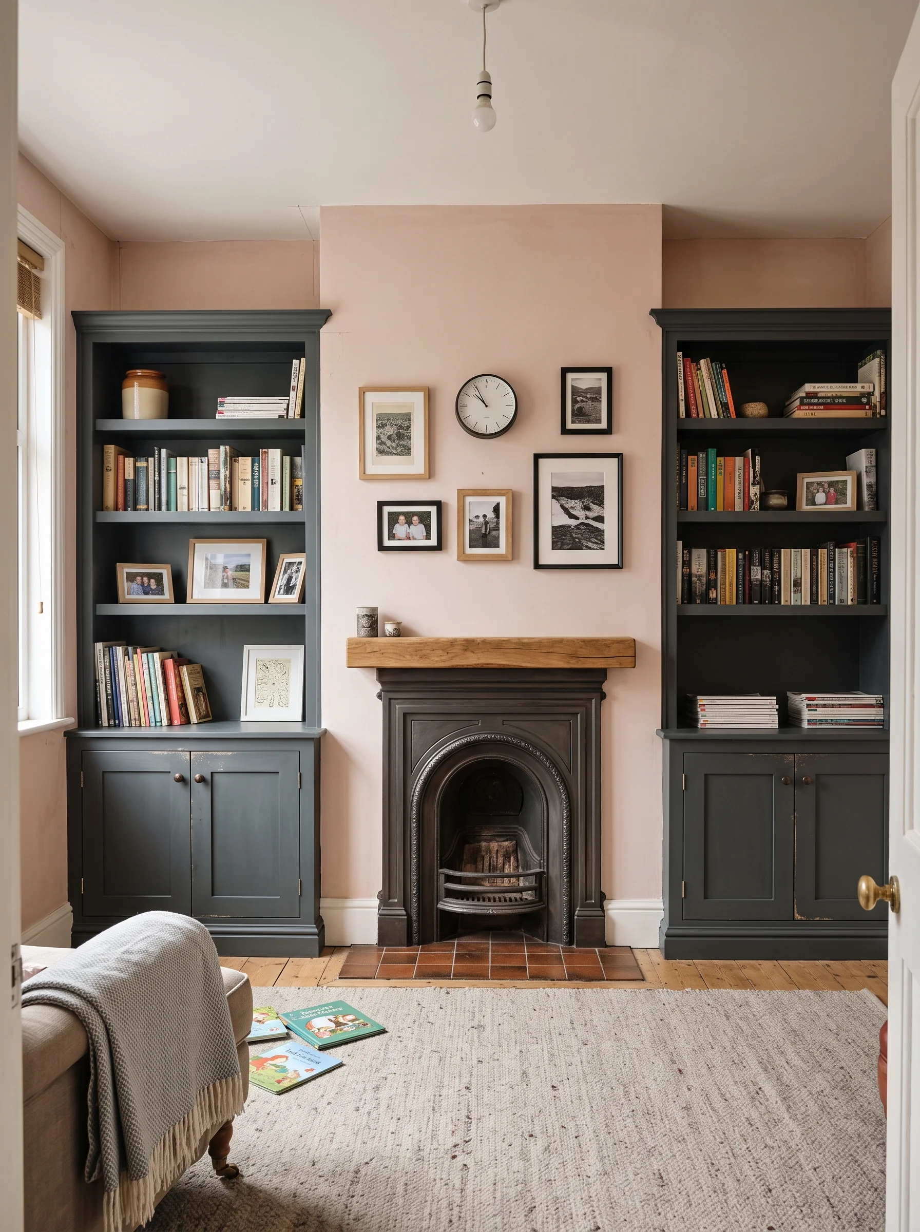 Painted alcove cupboards and shelving fitted either side of a chimney breast in a terraced living room