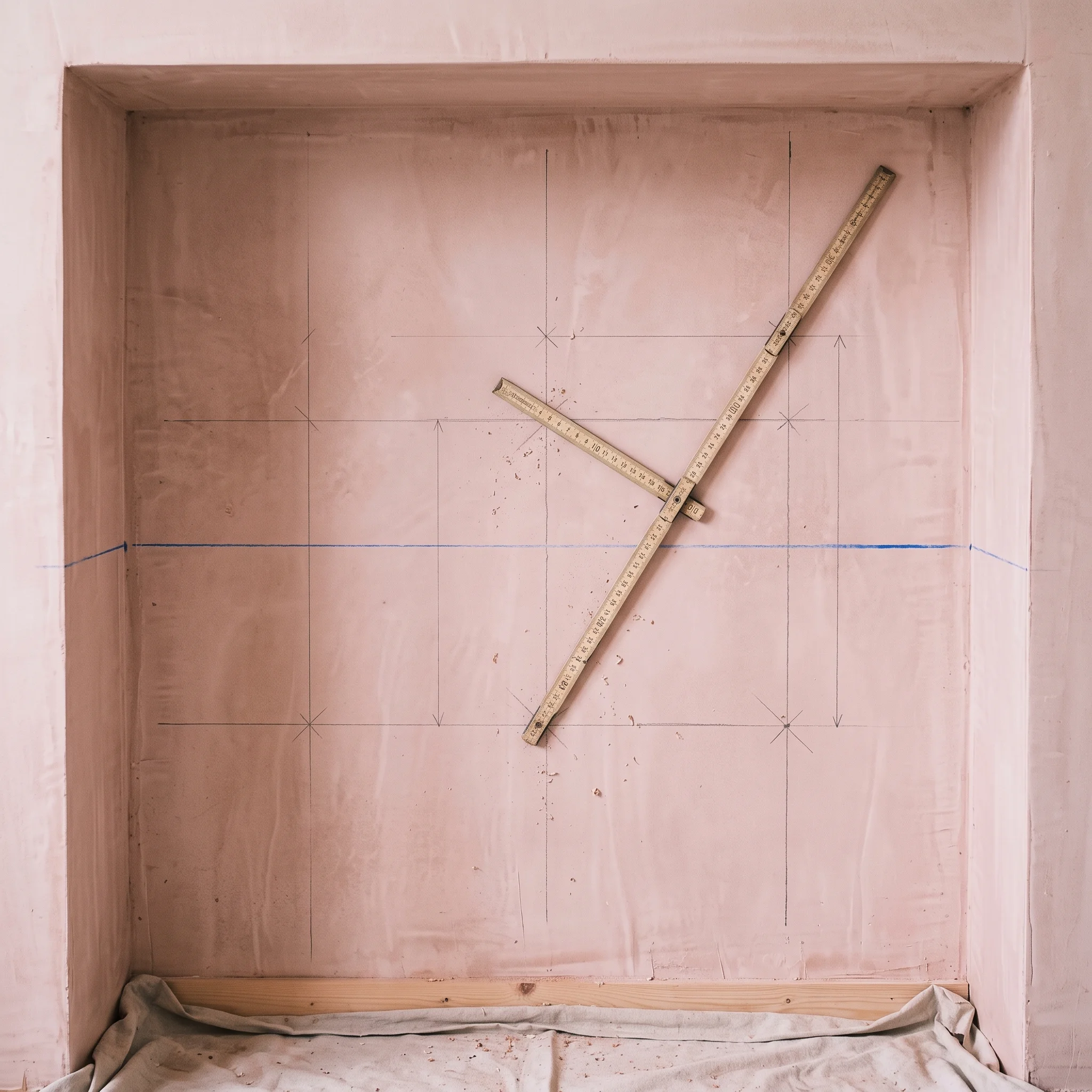 Bare plastered alcove with pencil setting-out lines drawn ready for the build