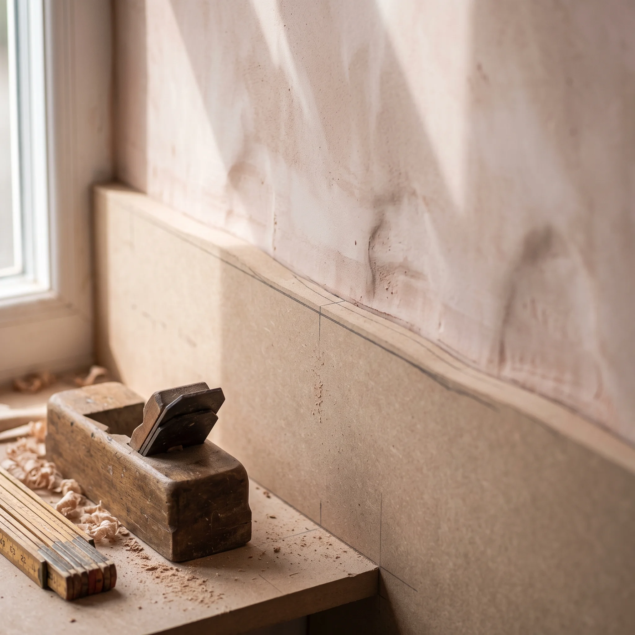 Close-up of a pencil scribe line following the wave of a plaster wall along an MDF panel edge, block plane and folding rule alongside