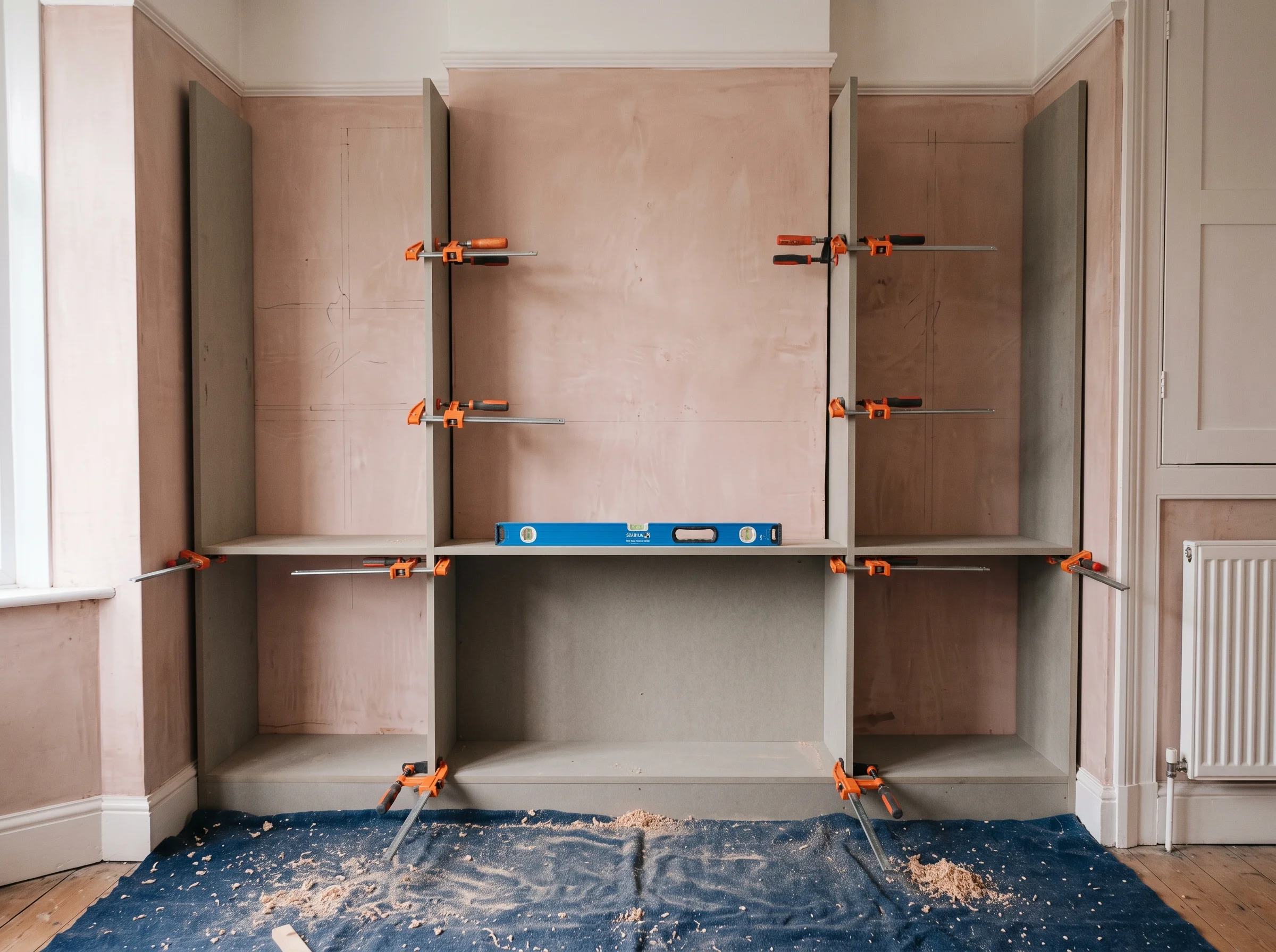 MDF alcove carcass held in the recess with sash clamps, wood shavings on the dust mat beneath