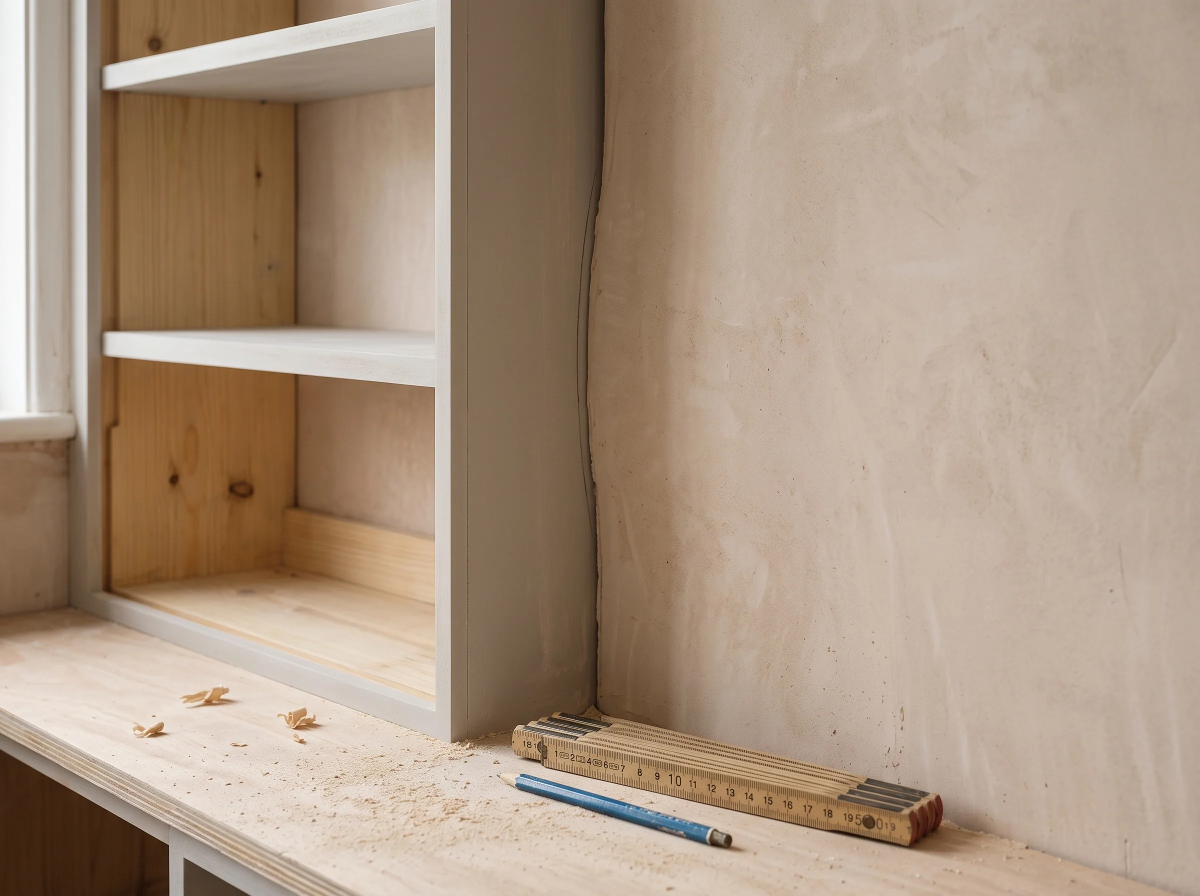 Alcove shelves going in, the scribed end panel sitting tight against the wavy plaster wall
