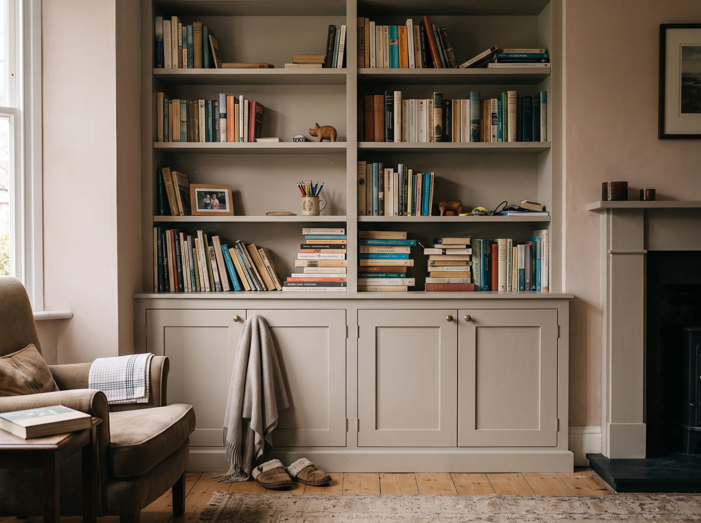 Finished painted alcove unit filling the recess edge to edge, books already on the shelves