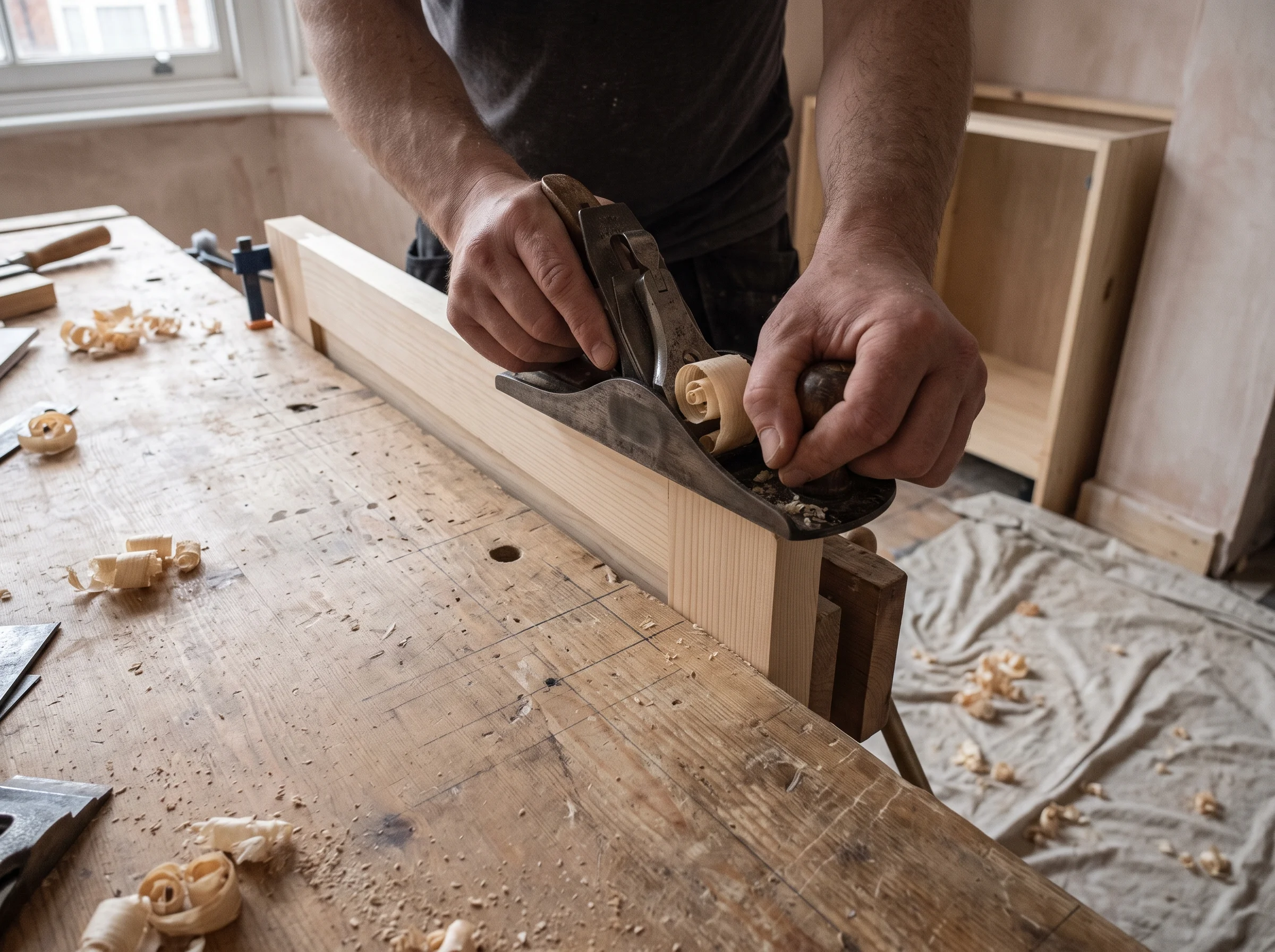 A cupboard door edge being eased with a block plane, fine shavings curling off the blade