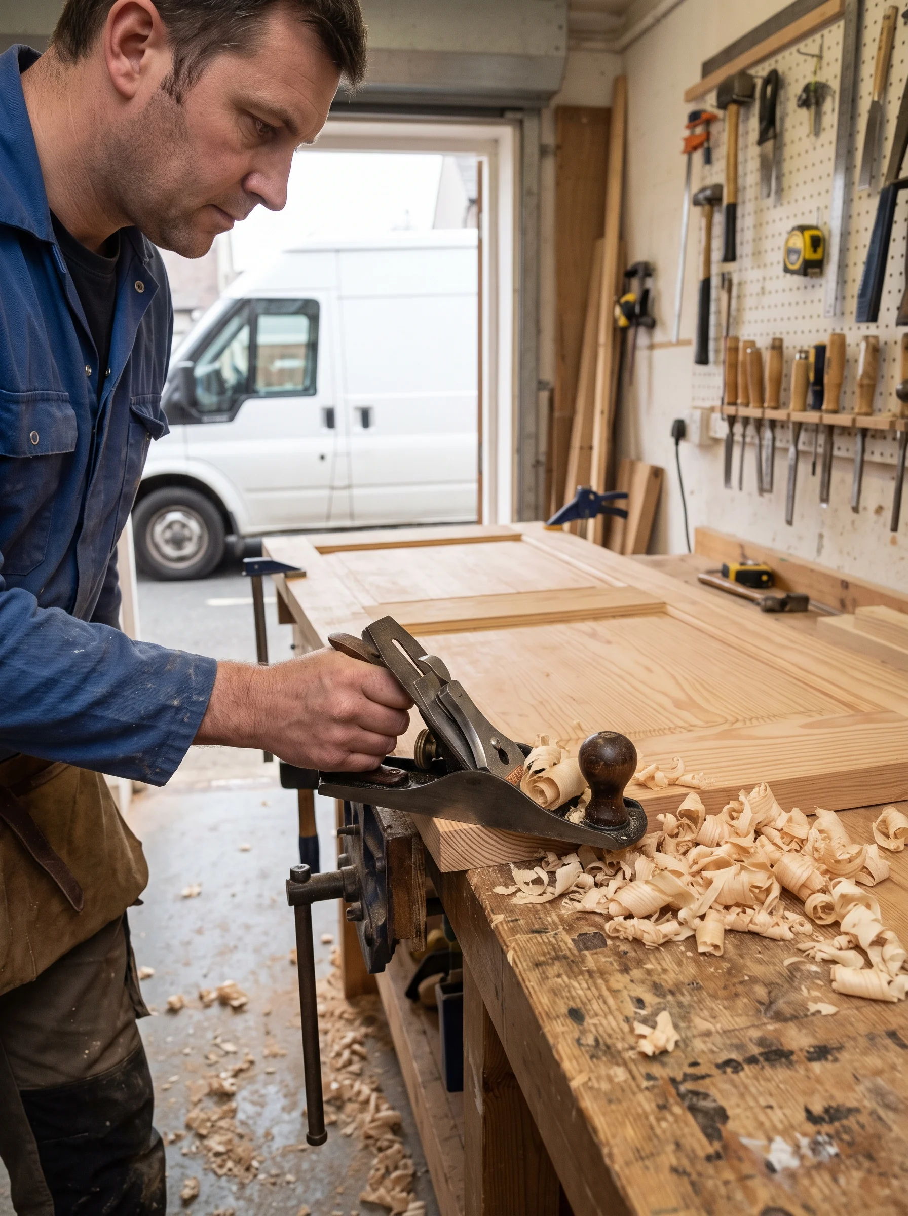 Joiner at the bench planing a door edge, tools hung in order behind and the van through the doorway